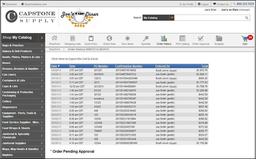 The Order History by Order provides information on all orders placed for a location during the