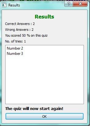 When the user clicks OK both the results dialog and the main window (showing the questions) should be closed since the quiz will not