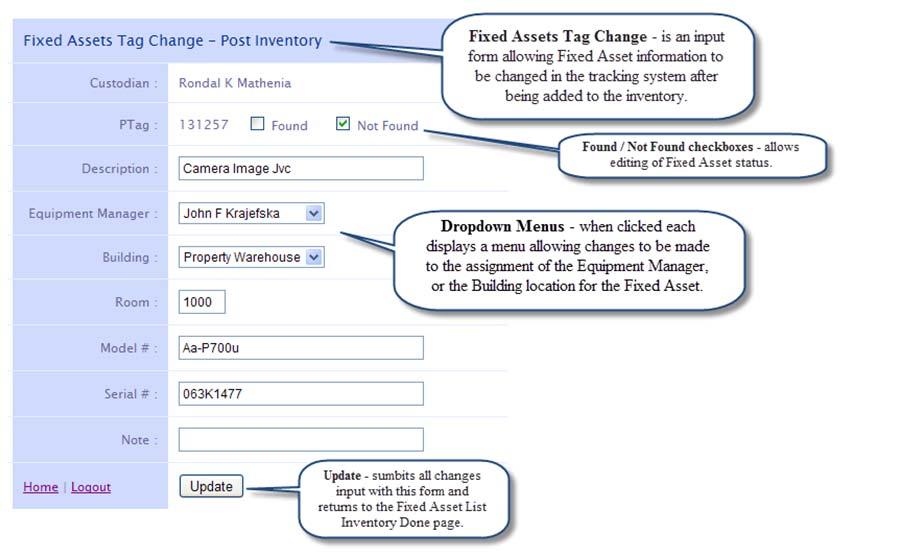 Annual Fixed Asset Inventory Verification System Tag Change Post Inventory Page Tag