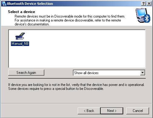 If you click Next button from the above dialog box, the Bluetooth devices in range will be disappeared in the box.