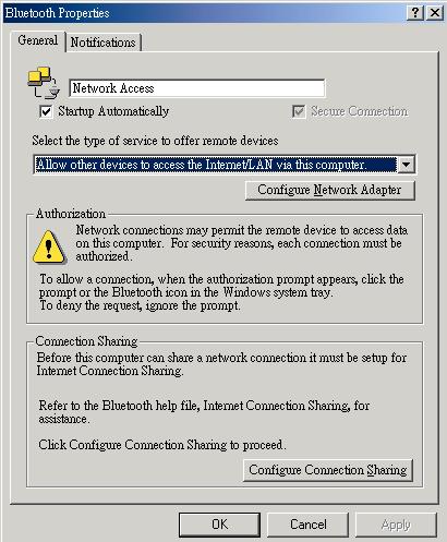 Access client at the same time. 7.5.7.1 Setup for Windows 2000 and Windows XP Steps From the Windows system tray, right-click the Bluetooth icon and select Advanced Configuration from the shortcut menu.
