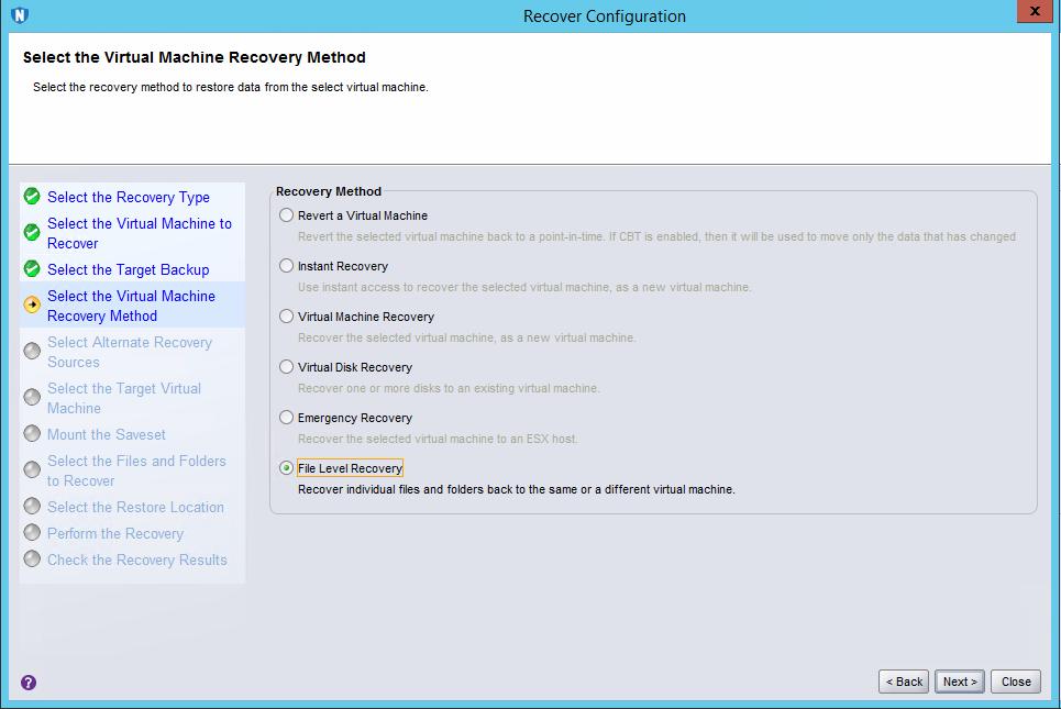 Virtual Machine recovery (recovery to a new virtual machine) Virtual Disk recovery (recover VMDKs to an existing