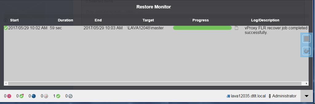 To monitor the progress of the restore operation, click the arrow button located at the lower right-hand corner of the restore client screen.