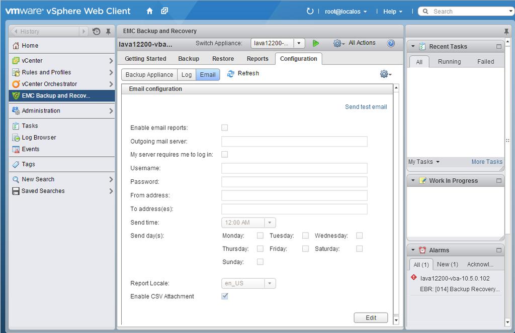 NetWorker VMware Protection with the VMware Backup Appliance (legacy) Figure 126 Email configuration view 2. Click Edit. 3. Select the Enable email reports checkbox.
