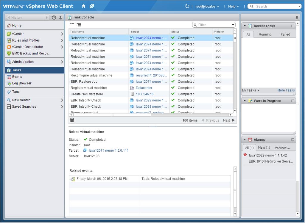 NetWorker VMware Protection with the VMware Backup Appliance (legacy) Figure 129 Viewing workflow progress in the Task Console After the backup completes, you can recover the virtual machine in the