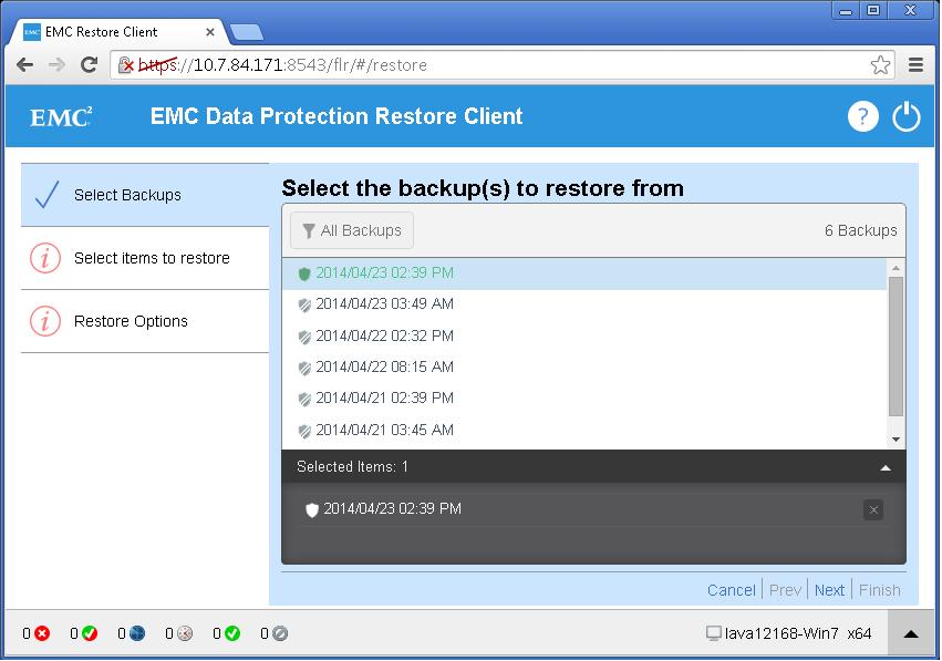 NetWorker VMware Protection with the VMware Backup Appliance (legacy) Figure 136 Select the backups to restore from page When you click Next, if a folder hierarchy does not appear, the file system in