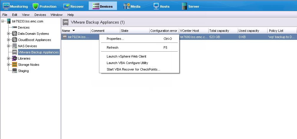 NetWorker VMware Protection with the VMware Backup Appliance (legacy) The backup appliances display in the right pane. 5.