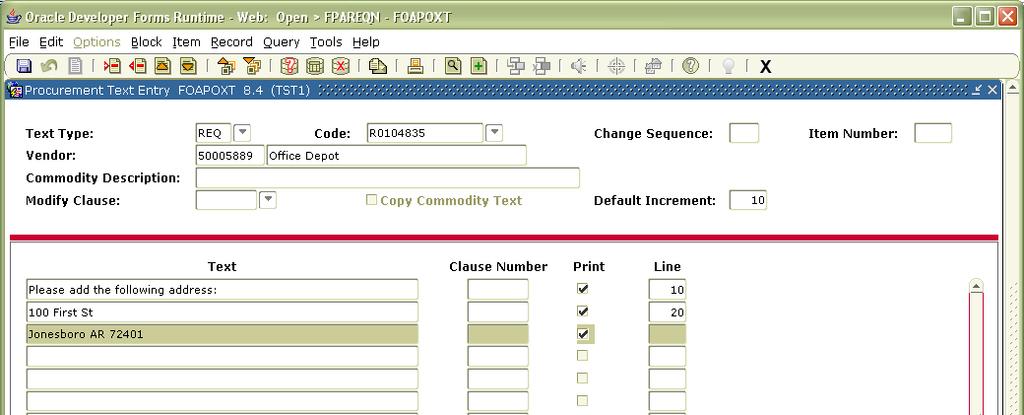15. Select Document Text from the Options Menu to enter additional text concerning the vendor and/or the order as a whole. 16. Enter the appropriate text in mixed-case (up to 50 characters/line) 17.