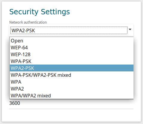 In the Security Settings section, you can change security settings of the wireless network. By default, the WPA2-PSK network authentication type of the wireless network is specified.