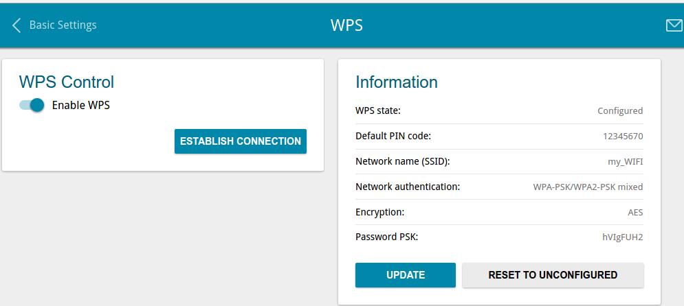 WPS On the Wi-Fi / WPS page, you can enable the function for configuration of the WLAN and select a method for connection to the WLAN.