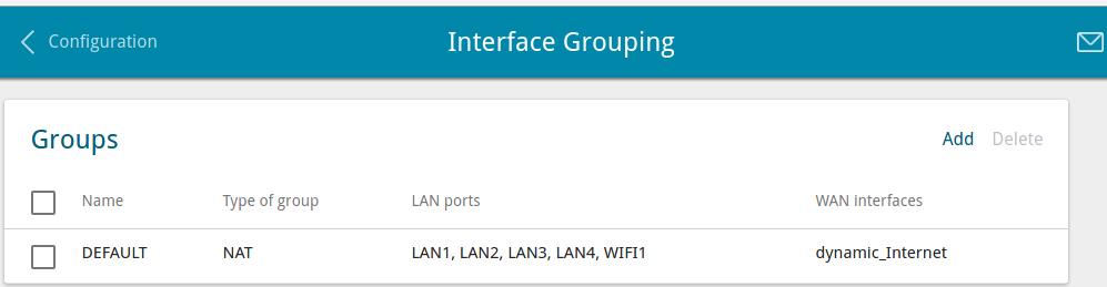 Interface Grouping On the Advanced / Interface Grouping page, you can create groups consisting of interfaces and ports of the router, for example, for distinguishing different types of traffic.
