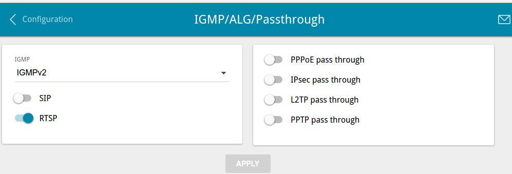 IGMP/ALG/Passthrough On the Advanced / IGMP/ALG/Passthrough page, you can allow the router to use IGMP and RTSP, enable the SIP ALG and PPPoE/PPTP/L2TP/IPsec pass through functions.