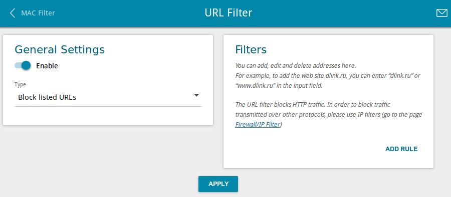 URL Filter On the Firewall / URL Filter page, you can specify restrictions on access to certain web sites. Figure 114. The Firewall / URL Filter page.