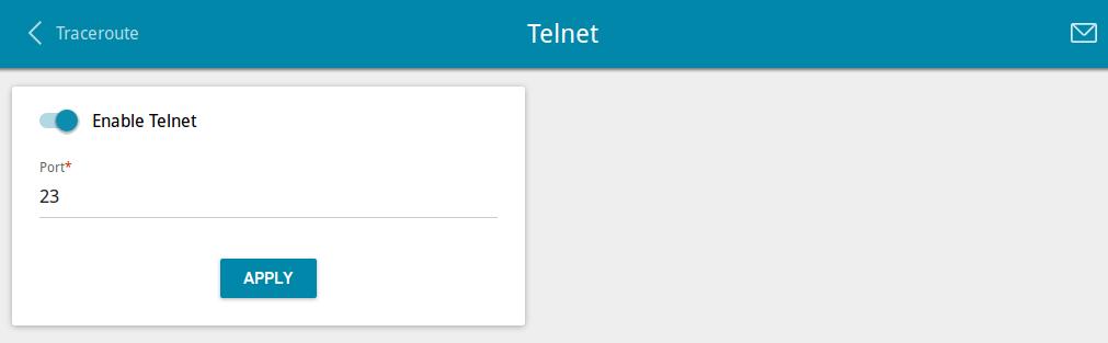 Telnet On the System / Telnet page, you can enable or disable access to the device settings via TELNET from your LAN. By default, access is enabled. Figure 120. The System / Telnet page.