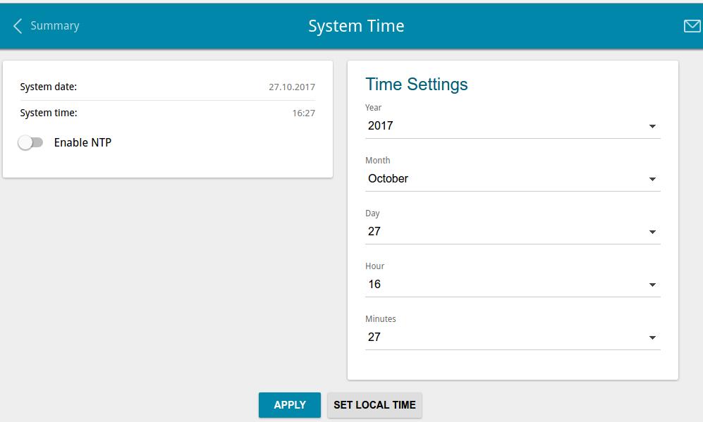 System Time On the System / System Time page, you can manually set the time and date of the router or configure automatic synchronization of the system time with a time server on the Internet.