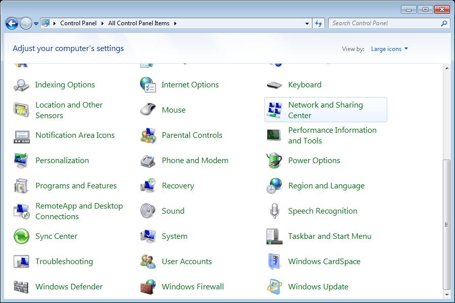 Installation and Connection Configuring Wi-Fi Adapter in OS Windows 7 1. Click the Start button and proceed to the Control Panel window. 2. Select the Network and Sharing Center section.