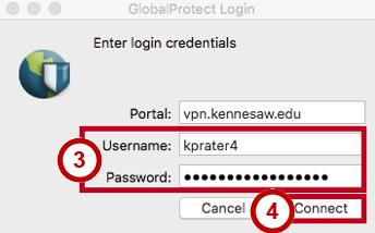 Figure 7 - GlobalProtect Icon Figure 8 - Click Connect 3. The Portal field will populate with the VPN address entered previously.