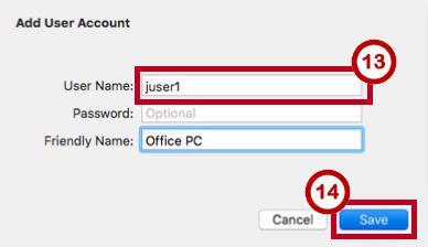 13. If you selected option b in step 11 above, the Add User Account window will appear. In the User Name field, enter your NetID (See Figure 16).