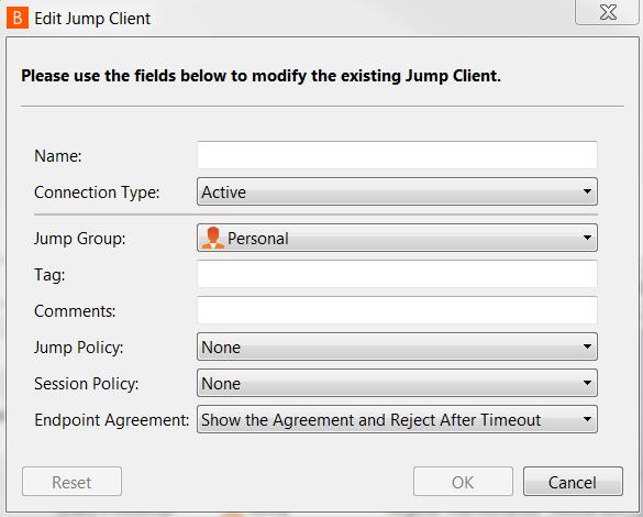Jump Client Properties Organize and manage existing Jump Items by selecting one or more Jump Items and clicking Properties.