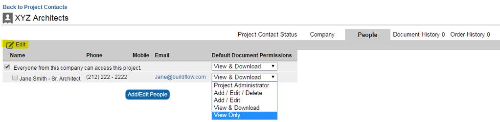 Project Contact Edit and Track click the company name to