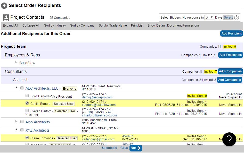 Select Order Recipients brings you to your project contacts select, or add new contacts right from