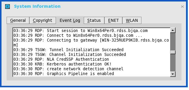 2. Connection with TS gateway configured in unsupported OS (e.g. Windows Server 2008 R2), it uses TS gateway II and the logs are displayed as shown in the following screenshot: 3.