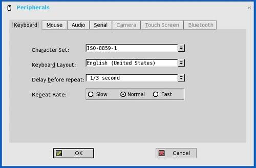 The Peripherals dialog box is displayed. 2. Click the Keyboard tab and set the Character Set, Keyboard Layout, Delay Before Repeat and Repeat Rate parameters.