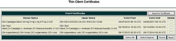 Use the Thin Client Certificates page to add certificates for the thin client devices. The certificate must be a text in PEM format, that is, a text-based Base64-encoded DER file.