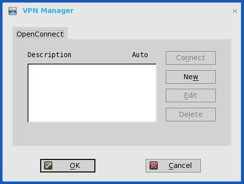 The VPN Manager dialog box is displayed. 3. Click New to create a new session. a. Session Name (up to 21 characters) Enter the name of the Session Name. This is not a mandatory option.