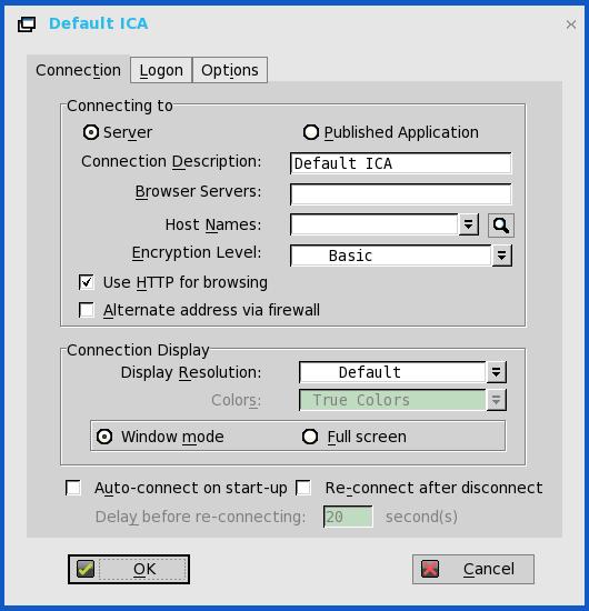 Figure 3. Default ICA a. Server or Published Application Select the type of connection to which the settings apply. b.