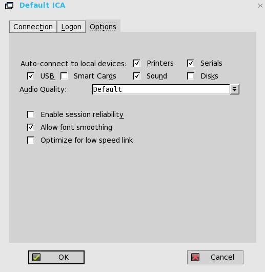 Figure 5. Default ICA Options a. Autoconnect to local devices Select any options (Printers, Serials, USB, Smart Cards, and Disks) to have the thin client automatically connect to the devices. b.