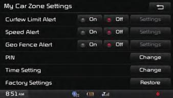 My Car Zone This feature is used to set My Car Zone (Curfew Limit, Speed, Geo Fence) alert conditions. This screen is used to turn Curfew Limit, Speed, and Geo Fence Alert features On/ Off.