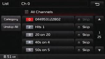 SIRIUS Mode Selecting through Channel/Category List Press the List button Select the desired category and channel.