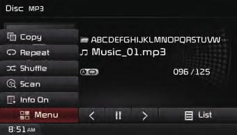 MP3 CD Mode Using the Menu Buttons Press the Menu button to set the copy, repeat, shuffle, scan, and Info On/Off options. Copy Press the Menu button Press Copy.