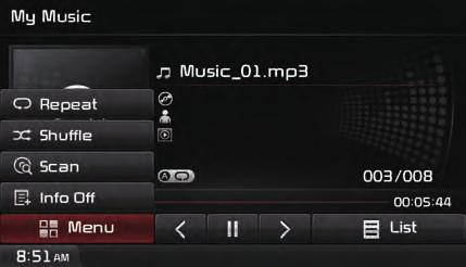 My Music Mode Basic Mode Screen 1 2 3 4 5 Name Description 1 Mode Displays currently operating mode 2 File Displays the name of the current file 3 Repeat/Shuffle/ Scan From Repeat/Shuffle/Scan,