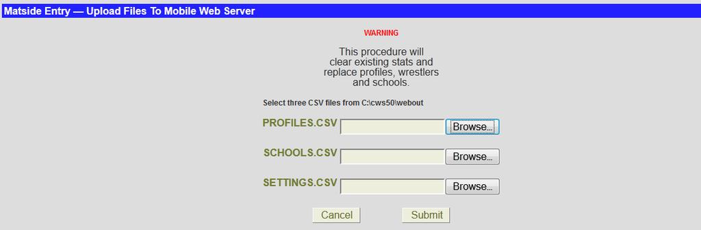 Uploading Desktop Files from Desktop PC to the Mobile Web Server Once your files are prepared on Champion Wrestling Stats desktop, they can be uploaded to the Mobile Web Server.