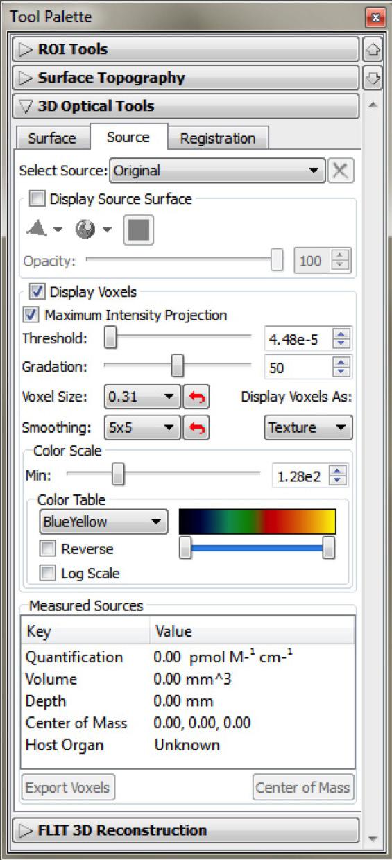 11. The Source tab contains all the tools necessary to adjust visualization of the reconstructed fluorescent sources.