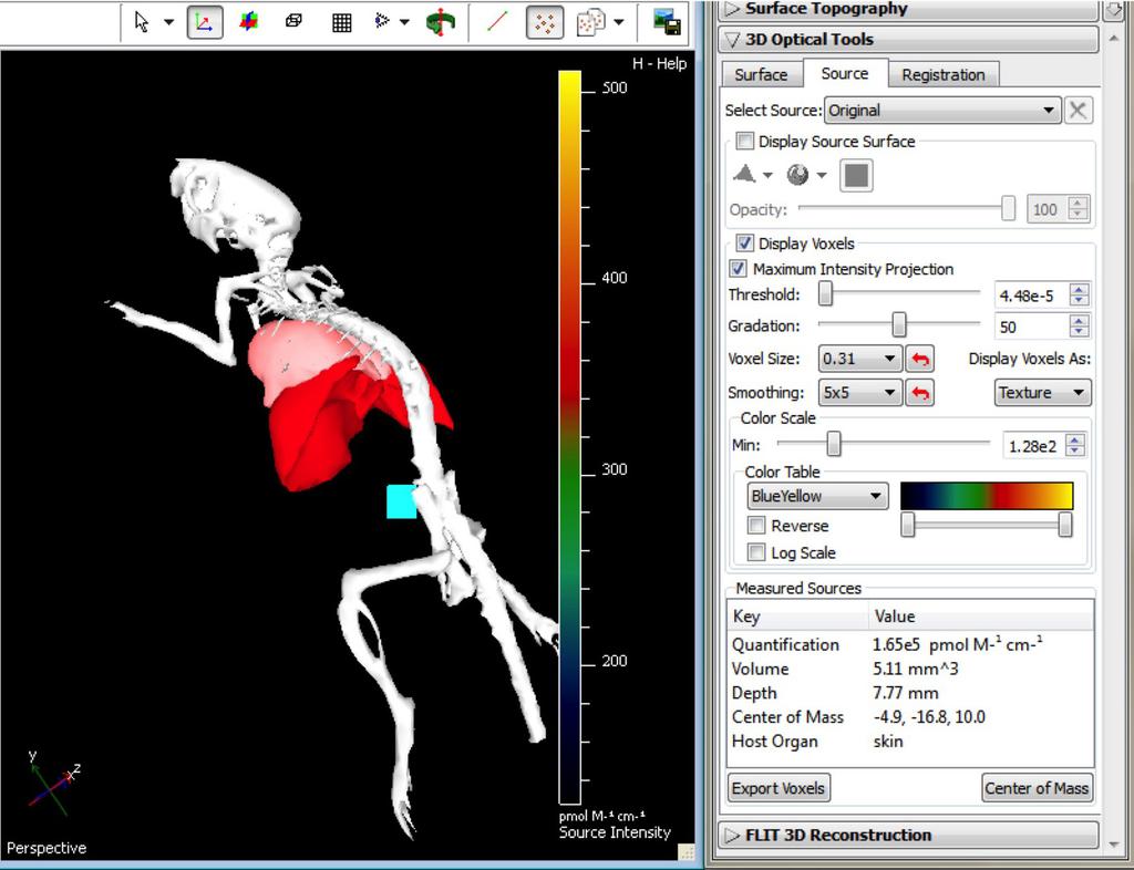 13. Using the Voxel Selection Tool highlighted below, the fluorescent source can be measured for absolute light intensity and