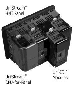 The UniStream platform comprises CPU controllers, HMI panels, and local I/O modules that snap together to form an all-in-one Programmable Logic Controller (PLC).