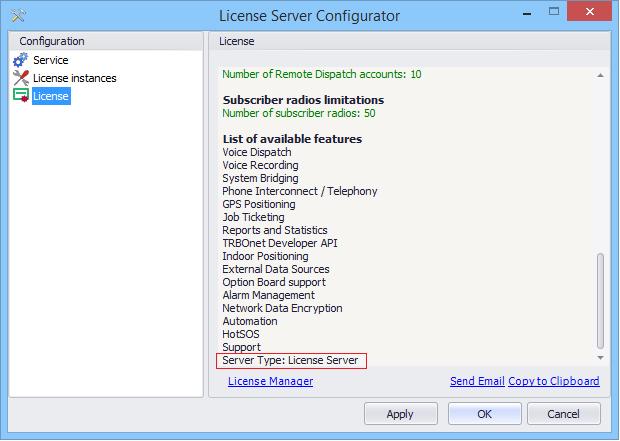 Click Next and Finish. The License Server Configurator window opens.
