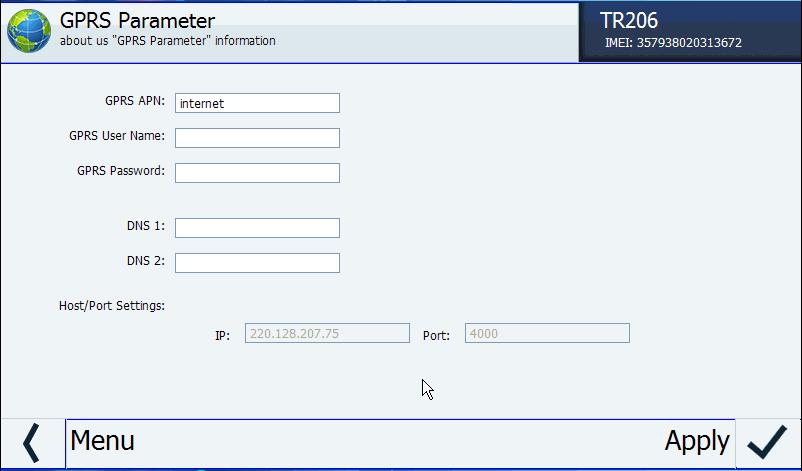 TR-206 page 54 After you re done, click the Apply button to confirm the changes. Setting up GPRS parameters Click icon to access the GPRS parameter settings.