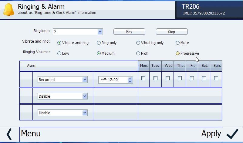 TR-206 page 55 After you re done, click the Apply button to confirm the changes Setting up the ringtone and alarm clock Click settings.