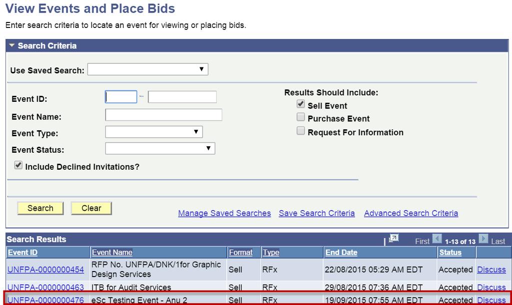 d. Next you will see the View Events and Place Bids search results and you can see that you have accepted your bid event.