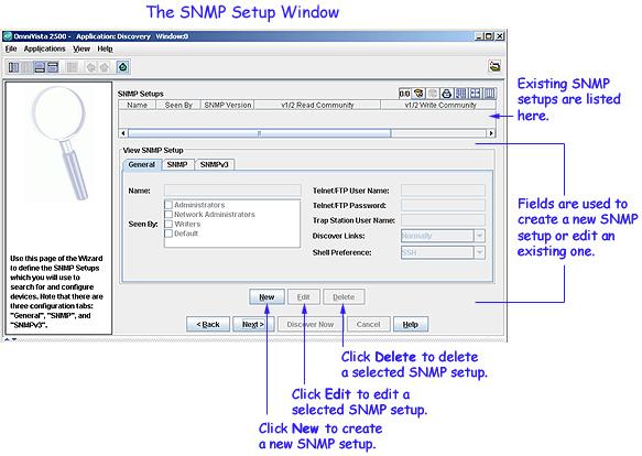The SNMP Setups window enables you to create SNMP "Setups" that specify the SNMP functionality and switch information described above.