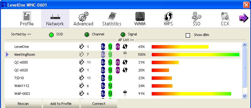 5.2 Network The network setting page allows you to set and save different wireless settings. You can activate the suitable profile according to the environment where the wireless connection is used.