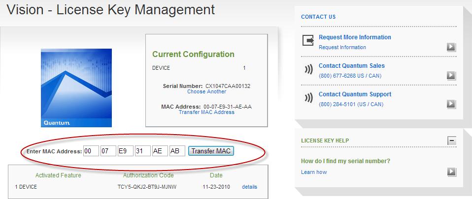 Figure 148: License Key Management Page - Enter MAC Address Field 4.