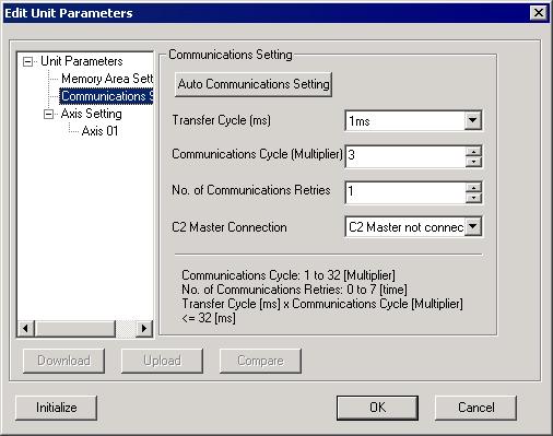 Select [Communications Setting] Set axis parameters for axis 01.