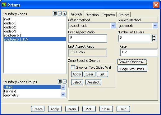 Generate Prism for CutCell Mesh Deselect all the zones corresponding to the inlets and outlets in the Boundary Zones selection list.