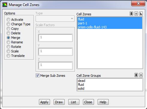 Merge Cell Zones Open Mesh Manage Select fluid and prism-cellsfluid-# in the list Choose Merge under Options Tick Merge Sub Zones This