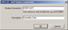 5. If the call number of the meter modem is already entered, continue directly from point 9. 6. Click on in the "Modem Connection" area to enter the call number of the meter modem.